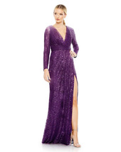 Ieena Mac Duggal 26490 Long Sleeve Ruched Faux Wrap Sequin Gown SZ 10 Purple - £149.86 GBP