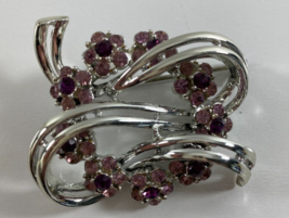 Vintage CORO Silver Tone Pink Floral Rhinestone Ribbon 2 in Brooch Pin - £19.73 GBP