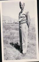 Vintage Soldier Standing in Grassy Area Snapshot WWII 1940s - $4.99