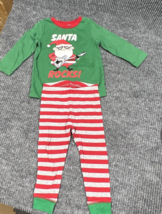 Christmas Kids PJ Set 18M Santa Rocks Red Striped Pant Green Top Kids Pictures - £7.97 GBP