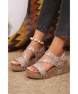 Light French Beige Floral Print Hollowed Strappy Wedged Sandals - $23.77