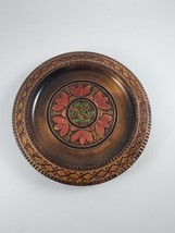 Vtg 8&quot; Hand Carved Wooden Plate Flowers Polish Folk Art Wall Hanging P.H.U. - £17.36 GBP