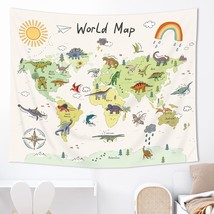 World Map Kids Dinosaur Tapestry 59Wx51H Inches Dino Animal Educational ... - $25.99