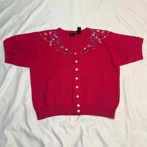 Vintage Lizsport Floral Embroidered Button Cardigan Top Pink Cotton Knit... - $637.88 MXN