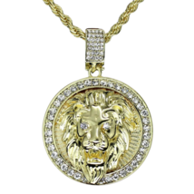 Mighty Lion Mens Iced Cz Round Pendant 24&quot; Chain 14k Gold Plated Hip Hop Jewelry - £7.58 GBP