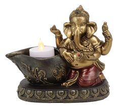 God Ganesha With Modaka Bowl Kneeling By Well Votive Candle Holder Statu... - $34.84 CAD