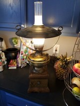 vintage mid century bronze and wood table lamp glass shade cubby cupboard - $74.25