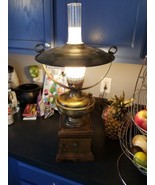 vintage mid century bronze and wood table lamp glass shade cubby cupboard - $101.61 CAD