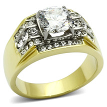 Men&#39;s Two-Tone IP Gold Stainless Steel Ring w/ Triple AAA Grade CZ Stones - £14.34 GBP