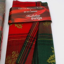Tartan Metallic Plaid Holiday Napkins Set Of 6 Red &amp; Green Gold Accents ... - $288.13 MXN