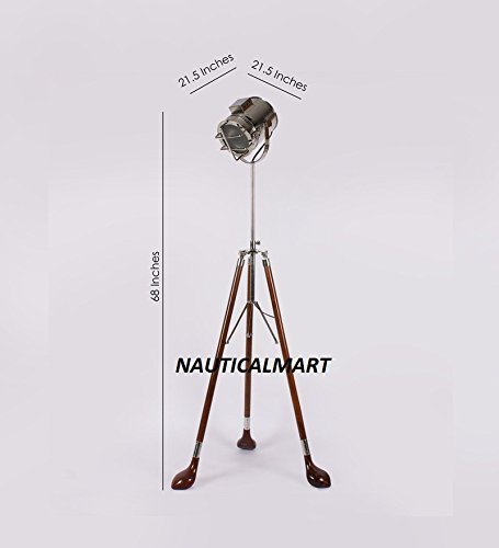 Search Light With Wooden Base Tripod Floor Lamp By Nauticalmart - $197.01