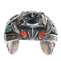 6 7/8&quot; Bisbee turquoise and coral David K Lister Navajo sterling watch cuff - £633.35 GBP