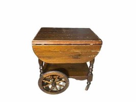 Vintage Rare Wooden Wheel Cart Extension Wings Table Brown - £138.48 GBP