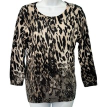 Vintage Leopard Print Lace Crew Neck Brown Black Rhinestone Knit Sweater... - $396.11 MXN