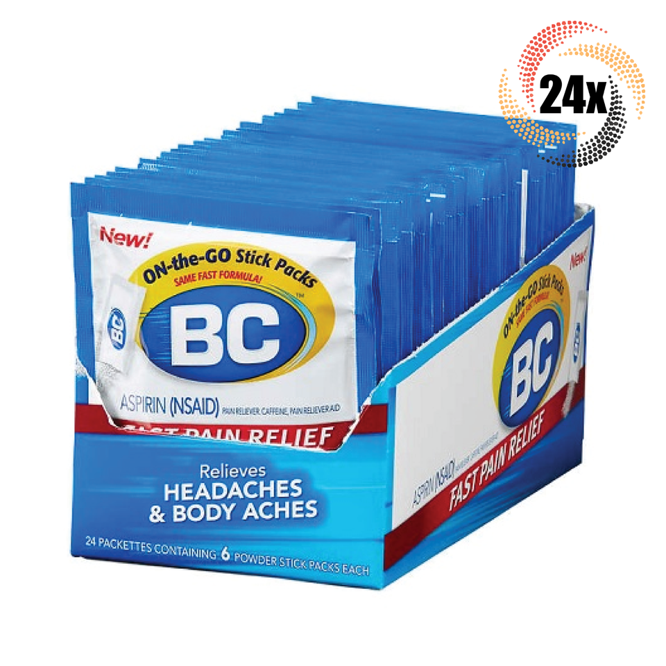Full Box 24x Packs BC On The Go Powder Sticks Aspirin Pain Relief 6 Stic... - $56.75