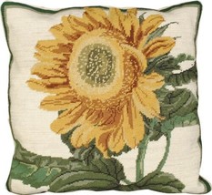 Throw Pillow Needlepoint Sunflower Flowers 18x18 Beige Yellow Cotton Velvet - £230.48 GBP