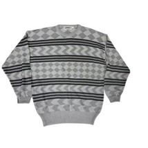 90s Y2K Mondo Italian Mens Sweater Silver/Black Diamond Stripe Zigzag Sz M - $39.20