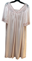 Shadowline vintage nylon pink mid-length nightgown lace flowers 1X USA made - $24.74