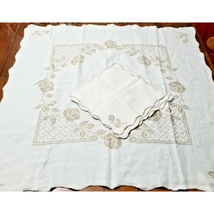 Vintage Set Napkins Tablecloth Cross Stitch Embroidered Luncheon White Rose - £23.06 GBP