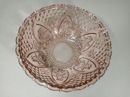 Vtg KIG Pink Glass 10&quot; Footed Floral Diamond Cut Serving Bowl Fleur De Lis Rose  - £18.64 GBP