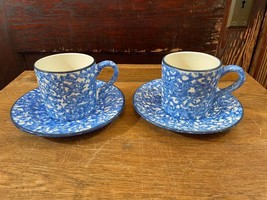 Pair Stangl Pottery Town and Country Blue Spongeware Cup and Saucer Sets - £17.76 GBP