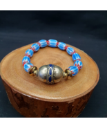 Vintage blue chevron African Glass beads with Beautiful Afghan old bead ... - £24.80 GBP