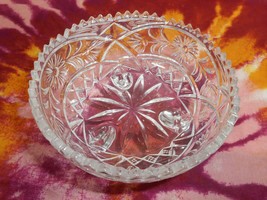Footed Cut Glass Sawtooth Top Rim Flower &amp; Leaves Candy Dish 4 1/2&quot; W 2 1/2&quot; H   - £14.98 GBP