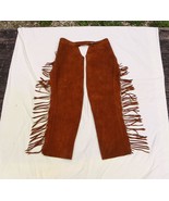 Vintage USA suede Leather WESTERN CHAPS Russet brown 4-5&quot; Fringe Womens ... - $89.95