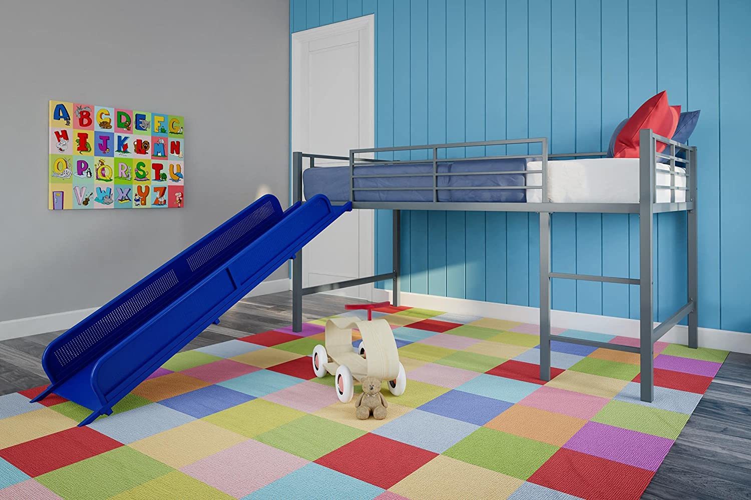 Dhp Junior Twin Metal Loft Bed With Slide, Multifunctional Design, Silver With - £228.19 GBP