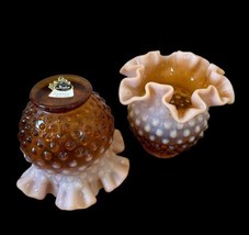 Vtg Pair Of Fenton Glass Caramel Brown Fade Opalescent Hobnail Ruffle To... - £61.85 GBP