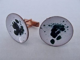 MCM Enamel On Copper Cuff Links Modernist Abstract Green White Splatter Modern - £15.17 GBP