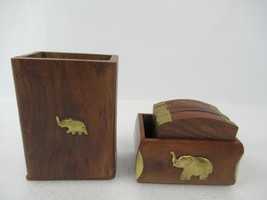 Elephant Brass and Wood Coaster Set Pencil Holders India Desk Ornament  - $24.00