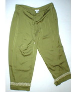 New NWT Designer Natori Crop Green Pants Silky Womens L Lounge Satin Emb... - £156.68 GBP