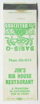 Jim&#39;s Rib House Restaurant - Gatlinburg, Tennessee 20 Strike Matchbook Cover TN - £1.37 GBP
