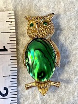 Owl Brooch with Abalone Shell and Green Glass Eyes 2” - £11.47 GBP