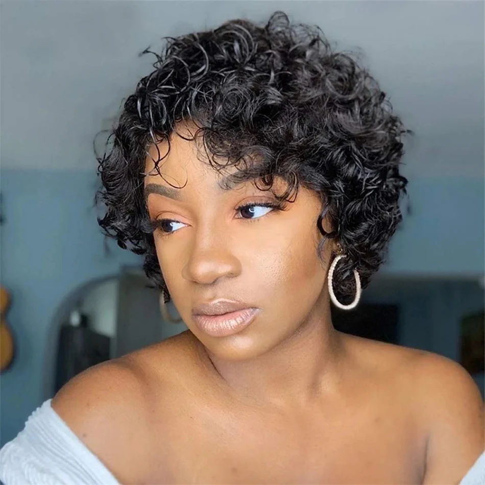 Curly Short Pixie Cut Wigs Human Hair 180% Density Water Wave Remy Malaysi - £28.12 GBP