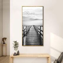 Flock of birds flying over a mountain lake wooden dock wall 16x32 art pr... - $64.99
