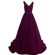 Plus Size Tulle V Neck Beaded Lace Appliques Evening Prom Dress Dark Plum US 20W - £108.40 GBP