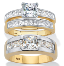 Princess Cz Bridal Gp 3 Piece Ring Set 18K Gold Sterling Silver 6 7 8 9 10 - £319.67 GBP