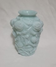 Vintage Rare Light Blue Satin Milk Glass Raised Rose Vase - £29.56 GBP