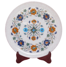 12&quot; White Marble Serving Dish Plate Mosaic Inlay Multi Gems Marquetry Ta... - $357.09