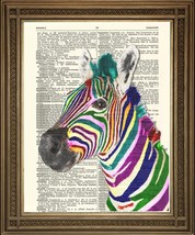 Arcobaleno Stampa Zebra: Colorato a Righe Zebra Arte Su Vintage Dizionario - £5.12 GBP