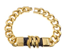 Cuban Link Men Bracelet Gold Stainless Steel ID Black Leather - £12.42 GBP