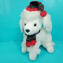 White Baby Puppy Dog Poodle Plush Christmas Green Red Scarf Hat 12&quot; Stuf... - £15.79 GBP