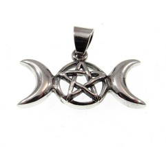 Handcrafted Solid 925 Sterling Silver TRIPLE Crescent MOON Pentagram Pendant - £17.87 GBP