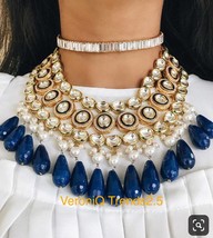 VeroniQ Trends-Designer Kundan and Pearl Choker Necklace Set with Blue Beads - £118.52 GBP