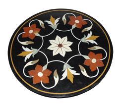 24&quot; Black Round Marble Coffee Table With Stand Floral Pietra Dura Inlay Decor - £817.52 GBP