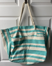 Canvas Striped Beach Bag Large With Pockets Green Cream Rope Handles - £11.00 GBP