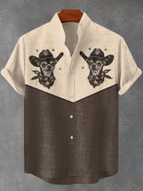 Men&#39;s Western Contrast Color Chihuahua Cowboy Print Linen Blend Shirt - $26.00