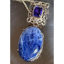 Large 925 Sterling Silver Sodalite &amp; Purple Gem Pendant Necklace Sky - $89.10